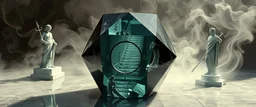 oracle smoke, perfect geometry, niad, greek gods and heroes, the chariot, the fool and the tower tarot card disaster rendered in magnificient 4d glossy marble stones reflective and wet, like mirrors, winding stairs, watchers, statues of perfect transparent dented glass octahedron dice spaceship with oval interference door