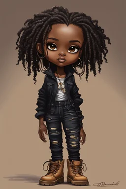 create a EXPRESSIVE OIL PAINTING image of a curvy size chibi dark skinned Black female wearing a black jean outfit with timberland boots. Prominent make up with brown eyes and lush lashes. Highly detailed dread locs