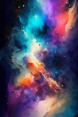 nebula, stars, abstract painting, watercolor, aqurelle, full color, 8k resolution, splashed, varied brushstrokes, with a feature of meltability