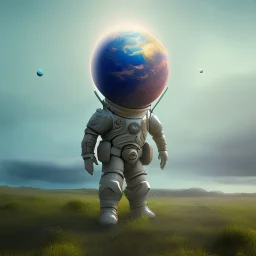 A man with a planet's head standing on the terrain