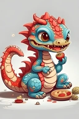 Cute painted little dragon eating Salami