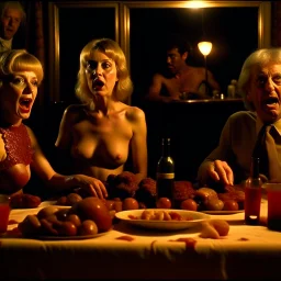 Spooky, ultra realistic, distress, full body nude, dining, ultra realistic hot woman, pieces of meat, creepy, organic ail dynamic, anguish, excited and lively scene, hypermaximalist figures, creepy, Alfred Hitchcock, Sam Raimi, sinister, John Carpenter, Dario Argento, ornate