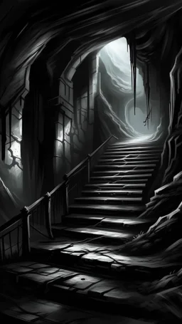 underground stair up to a room with hooded creature standing , in the darkness reigns supreme, swallowing light and casting an eerie gloom. Jagged rocks jut ominously, shadows dancing with unseen creatures. Sinister shapes glide, eyes gleaming in the murky depths. Distant rumblings and creaking sounds fill the water, sending shivers. In this desolate underworld, fear of the unknown pervades every corner, where the slightest movement evokes terror. It's a realm where nightmares man