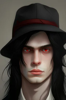 young character with pale skin and black long hair and red eyes with cleanshaven no stubble no beard and with hamburg hat