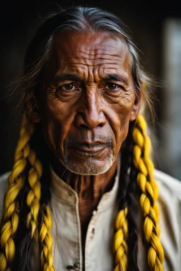 portrait of a 60 year old man, His hair was long, and yellow like the sun. Two braids hung down neatly in front of his ears. His face was rugged, and he carried a scar.