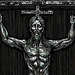 crucified on the cross christ liberty hybrid tone, woodcut, engraved, wall street journal style, statue of cruicified Jesus of Liberty with a beard and wearing a cross and hanging from a cross, The statue male, hyperdetailed intricately detailed photoillustration ink drawing dystopian 8k resolution entire body of the statue is in the picture. digital illustration telephoto lens photography , same colors as the us treasury's one dollar bill, crucified"