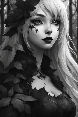 CAT GIRL, goth, forest, nature, cartoon, leaves, black and white hair, boobs, portrait