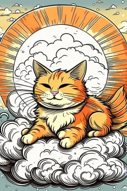 orange cat with stripes in heaven with wings and a halo sleeping on a cloud comic art style A4 format