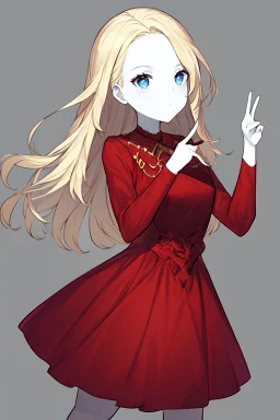 Blonde girl, white skin color, blue eyes, standing in the moonlight, handdrawn, red dress, raisedhand