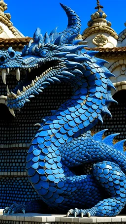 A dark blue angry dragon on top of a palace designed in Roman mosaics