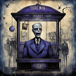 "THE TICKET MAN" style by Gabriel Pacheco and Dave McKean, Modern movie poster art, surreal cosmic horror tale about the Ticket Man who is a wooden animatronic dummy trapped in a glass carnival ticket booth, haunted dreamscape, midnight blue and dark violet dual color scheme, creepy, ink comic illustration, art from beyond, dramatic, poster art masterpiece.