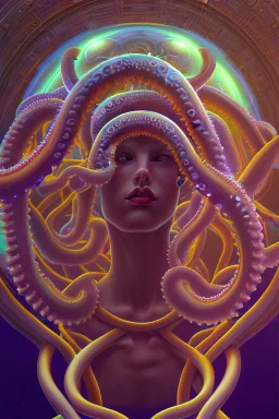 Spiritual being with Tentacles over human Head creating reality around, wrapping Tentacles around Human, Psychedelic