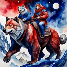 Wolf antropomorfico montado un oso gigante, arte acuarela colores rojo, plateado, azul y blanco, maximalista, hiperdetallado