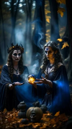 Halloween portrait of merciless medieval countess and her creepy sister, clawed hands, full moon, swirly mist,autumn wind, performing arcane invocation ritual of smoke demon with immense power on luminous stone altar in dark forest grove, shot on Hasselblad h6d-400c, zeiss prime lens, bokeh like f/0.8, tilt-shift lens 8k, high detail, smooth render, down-light, unreal engine, prize winning