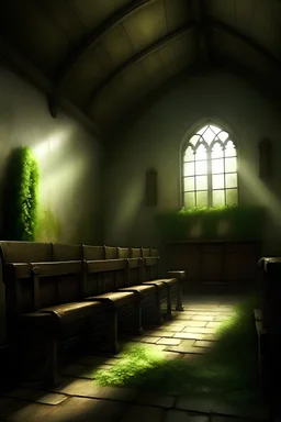 a high quality, professional art of a scene from "Vi sad i landsbykirken. En rå novemberhimmel oplyste svagt langs muren den fugtiggrønne skimmel." in a church, realistic, realistisk, high quality, professional art.