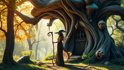 A slender, witchy woman in a flowing, colourful dress, holding a long, twisted staff, standing outside a gnarly, ancient, large mushroom house built into a tree, surrounded by lush, vibrant, Pandora-like woodland, on a bright, sunny day, with warm, golden light.