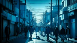 Bustling street scene in the center of Minamisōma, a city in Fukushima Prefecture, Japan, with people going about their daily activities, split gradient colors background, cold light tones, blue tones, flash light