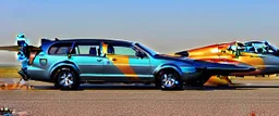 A national geographic award winning photograph of a military fighter jet station wagon wasp hybrid designed by volkswagen only one vehicle per image painted metallic orange traveling at a high rate of speed, jet intake off of front center of vehicle and jet exhaust out the rear with bright blue flame