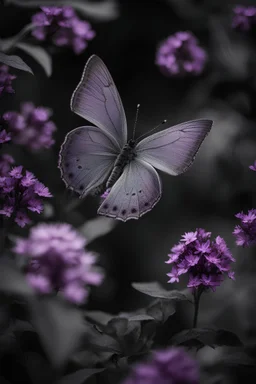 A breathtaking monochrome photograph with pops of vibrant purples, capturing a graceful grey butterfly with shimmering purple-tipped wings fluttering through a moonlit garden. As the butterfly lands on various plants, the grey flowers bloom into radiant purple blossoms, creating a stunning visual contrast. The composition masterfully interweaves the serene greys with bursts of purple, evoking a sense of nocturnal magic and delicate beauty in this enchanting, dreamlike scene.