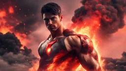 Hyper Realistic Extremely Handsome Young Muscular Fire-Super-Hero with short-black-hair standing with Lava-splashes meteors with red cloudy sky & smoke around, dramatic & cinematic ambiance