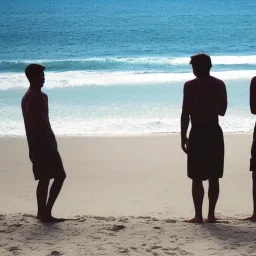 three men waiting for their friend to come back to join them on the beach