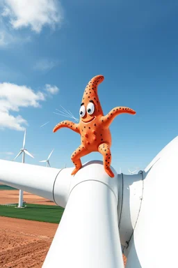 Patrick the starfish sitting on the blade of a wind turbine, with speed and wind hitting him in the face, wind farm in the background