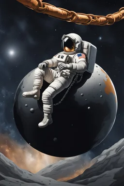 close side view of An astronaut sitting on a large steel ball.floating in the air, wide legs, holding on to the chain