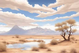 clouds, arid land, distant mountains, dry trees, pond