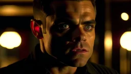 4K, ultra detail, ombres lumieres et reflets maximum, full realism. Robbie Williams in vampire