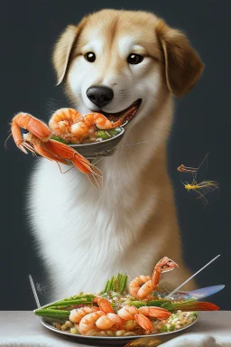 doge eating a shrimp platter