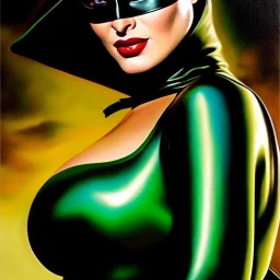 portrait oil on canvas, beautiful busty Catwoman,green eyes, ,minimal armor,comic book cover, mystical colors,insanely detailed,realistic,intrincate detail, 16k resolution, masterpiece,Frank Frazetta,Alex Horley, Simon Bisley