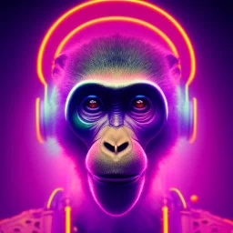 A beautiful portrait of a cyborg monkey purple neon color scheme, high key lighting, volumetric light high details psychedelic background