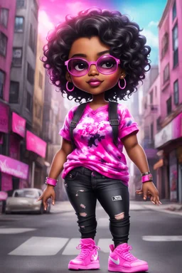 create an airbrush illustration of a chibi cartoon voluptuous black female. Wearing a tye dye blouse and tight black jeans with hot pink Nike sneakers. Prominent make up with hazel eyes and she is wearing pink glasses. Extremely Highly detail of a very low platinum shiny black pixie haircut. Background of a busy city street. 2k