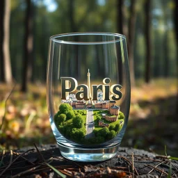 Create hyper-realistic photo of a glass tumbler in a wild forest. Inside, a miniature [Paris] with landmarks. A trasparrent 3D text of [Paris] blends naturally into the landscape . Soft bright daylight, reflections, and subtle imperfections like fingerprints. DSLR quality, sharp focus.