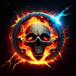 fiery fiery skull inside an ellipse and with lightning around it