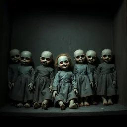 In a dark shadowy derelict room gaunt Victorian-dressed creepy expressionless cracked porcelain dolls are lined up of a shelf their presence eerie and foreboding. However, in a juxtaposition a single doll is smiling with red eyes, reminiscent of the macabre images of Brom, imbued with the mystical, evil quality, atmosphere is heavy with malevolent intent, photorealistic with meticulous attention to texture and atmosphere.