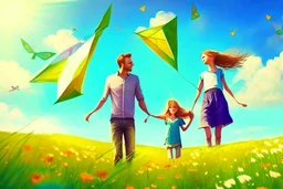 a father, a girl and a boy with a kite flying in the sky on the green field with flowers in sunshine