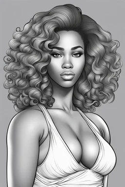 Create a coloring page of a beautiful curvy black female looking to the side with wavy hair. No shading, No color, clean lines