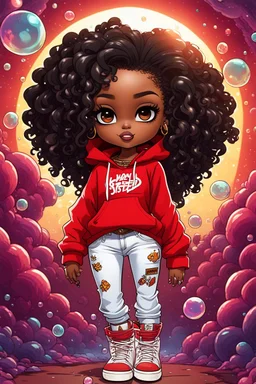 Create an colorful psychedelic comic book illustration of a chibi cartoon black female thick curvy wearing a cut of red hoodie and white jeans and timberland boots. Prominent make up with long lashes and hazel eyes. Highly detailed shiny sister locs. Background of a large bubbles all around her