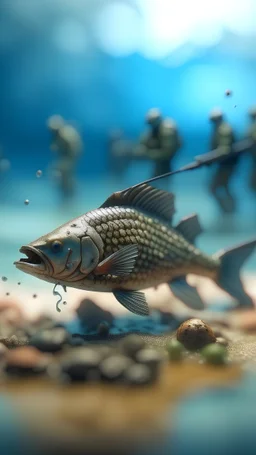 a fish being executed with guns by a platoon on a cloud, bokeh like f/0.8, tilt-shift lens 8k, high detail, smooth render, down-light, unreal engine, prize winning