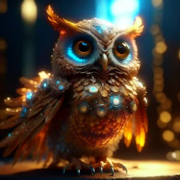 Cute and adorable fantasy owl, Bird-of-Paradise, sparrow, full body, shiny metallic jeweled depth, glowing smoke neon eyes, hoarfrost metal lace, fantasy, sunlight, sunbeam, intricate detail. 8k, dreamlike, surrealism, super cute, symmetrical, soft lighting, trending on artstation, intricate details, highly detailed, unreal engine, by ross tran, wlop, artgerm and james jean, Brian Froud, art illustration by Miho Hirano, Neimy Kanani, oil on canvas by Aykut Aydoğdu, oil painting, heavy strokes, p