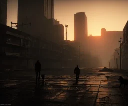 lone man and his dog, post-apocalyptic, dystopian city, ultra realistic + high contrast, sunset, wet streets + photorealism + ray tracing + unreal engine 5 + ultra detailed, 8k, hdr, hr --v 4