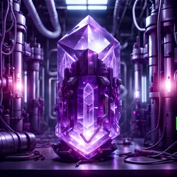 large purple crystal hooked up to an energy supply, inside a power station, cyberpunk style