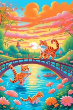 in the center: beautiful chunky cats dancing on a bridge , background: landscape, first plan: pink flowers and a small river with blue water, sky: orange clouds