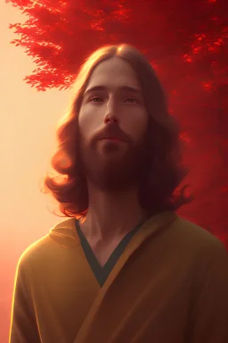 Jesus portrait at dawn by atey ghailan, golden light , heaven, volumetric light, high detail, red leaf tree, perfect