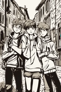 three teenage street children two boys and one girl in book-cover poses on the screen of an old town, comic style