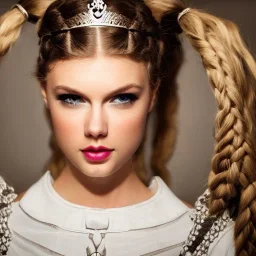 beautiful young queen with white armor, delicate white braided hair with ponytail, glass eyes, highly detailed, 8k, ambient light, taylor swift