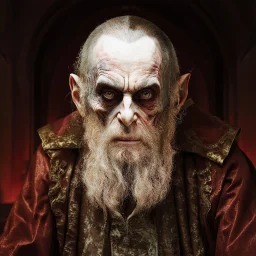 very grainy discolored modern photo, closeup portrait, dark ancient hall with no lights, grunge, extremely old male with chalk-white skin wearing old dashing and opulent gilded clothes, threatening, imposing, nosferatu