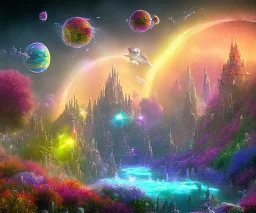 cielo cosmico insieme al mondo fantasy, astronavi tra le stelle prati pieni di fiori colorati,(arcobaleno) con un castello con piscine e cascate