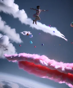 Ultra realistic speed clouds sky scene, wide angle view, strong men falling down with many Children, circus clothing style, feather color clothing, free jumping flying, many trinkets, hair monster, many jelly beans, balls, color smoke, smile, happy, extreme, wind, clouds sea, 20,000 feet altitude, stratosphere, soft color, highly detailed, unreal engine 5, ray tracing, RTX, lumen lighting, ultra detail, volumetric lighting, 3d, finely drawn, high definition, high resolution.